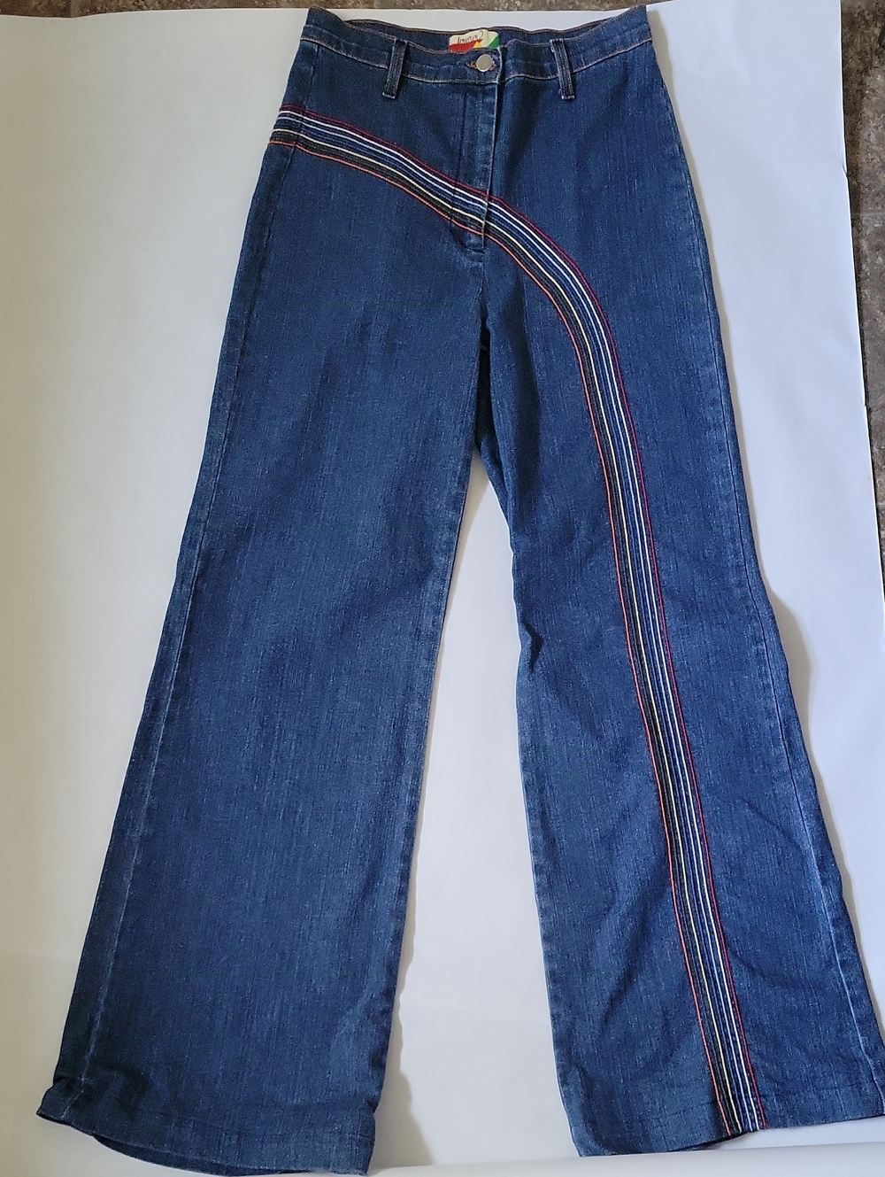 Women’s Dark Blue Denim Jeans with Side Rainbow Stripe